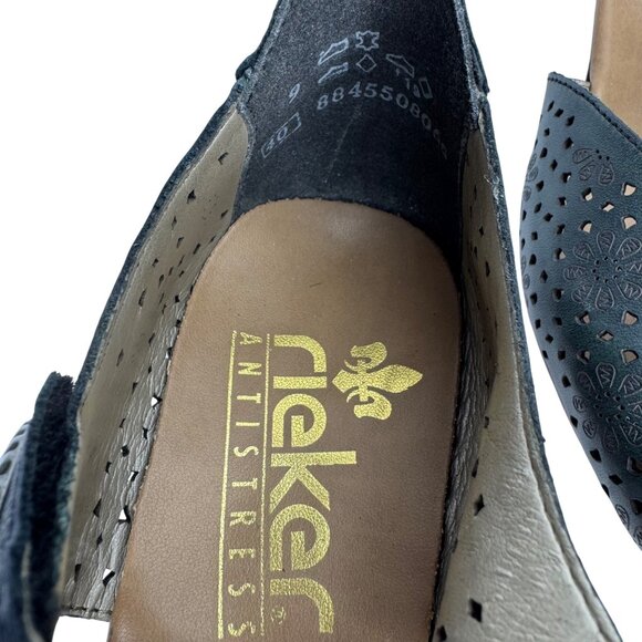 Rieker Antistress LaserCut Blue Leather Comfort Mary Jane Heels Velcro Strap Sz9 - Picture 4 of 11